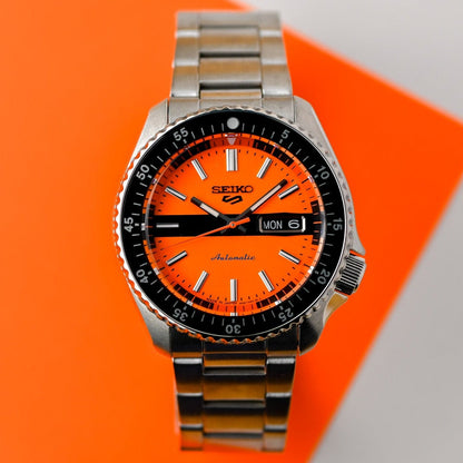 Seiko 5 Sports Double Hurricane Retro Orange Dial Silver Steel Strap Watch For Men - SRPK11K1