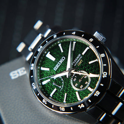 Seiko Presage Sharp Edged Series GMT Green Dial Silver Steel Strap Watch For Men - SPB219J1