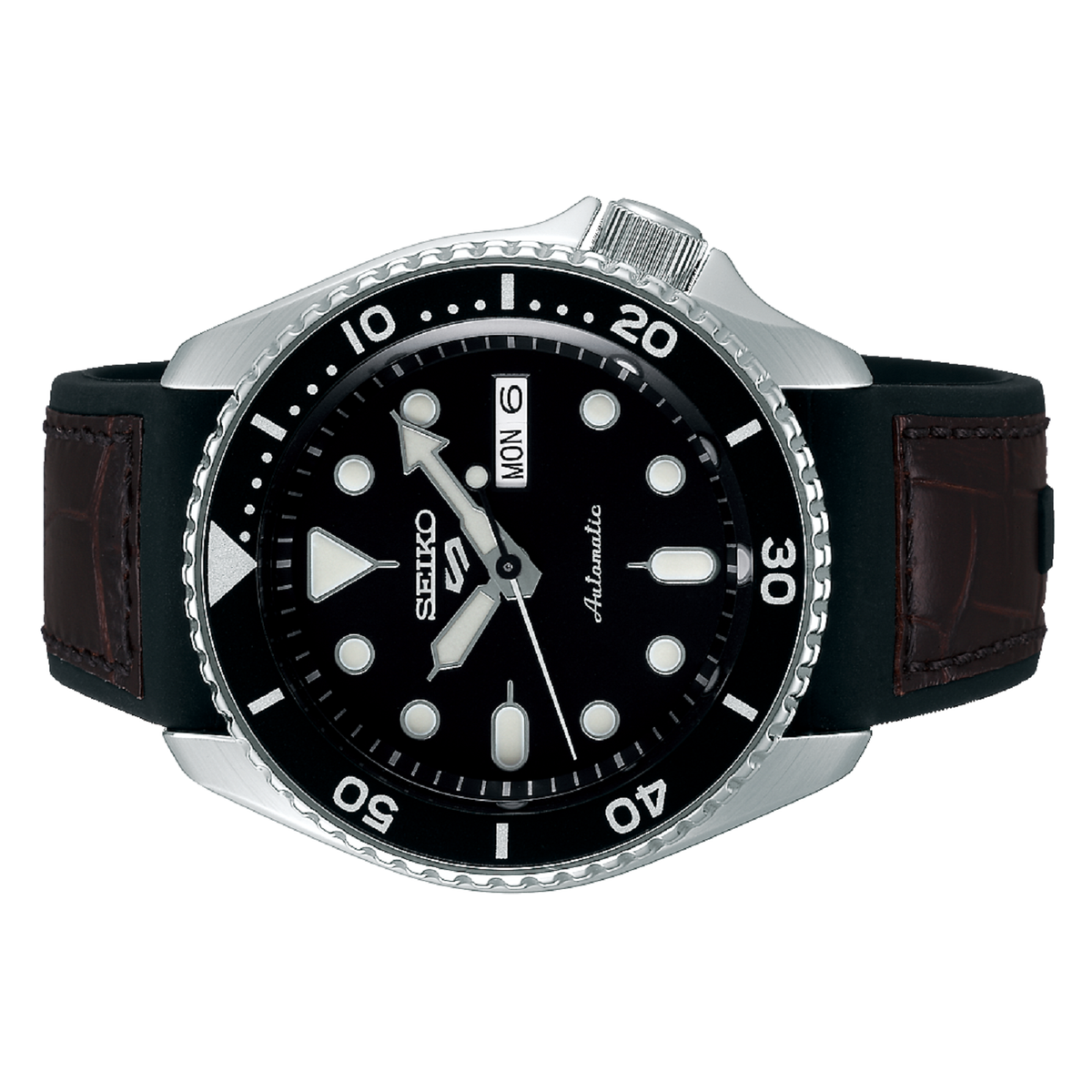Seiko 5 Sports SKX Automatic Black Dial Black Leather Strap Watch for Men - SRPD55K2