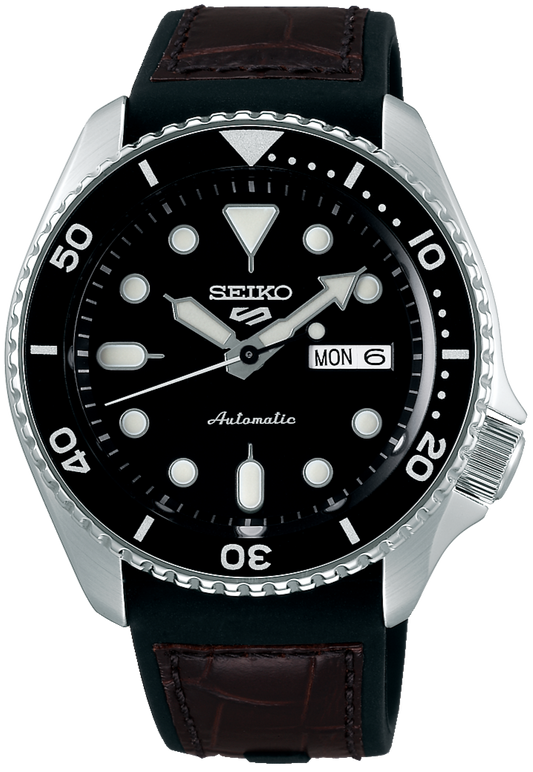 Seiko 5 Sports SKX Automatic Black Dial Black Leather Strap Watch for Men - SRPD55K2