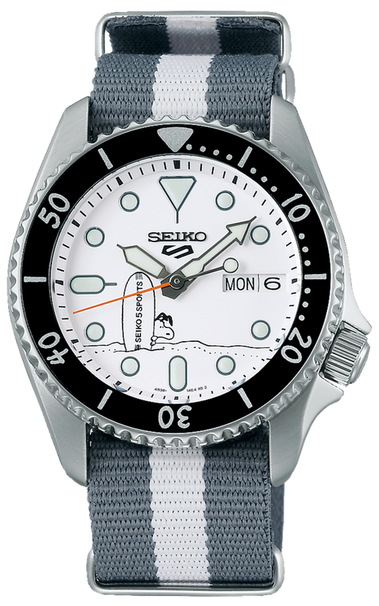 Seiko 5 Sports x Peanuts Surfboard Snoopy Limited Edition White Dial Two Tone NATO Strap Watch For Men - SRPK25K1
