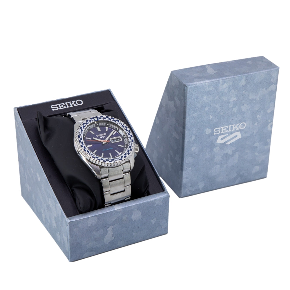 Seiko 5 Sports Petrol Blue Checker Flag Special Edition Blue Dial Silver Steel Strap Watch For Men - SRPK65K1