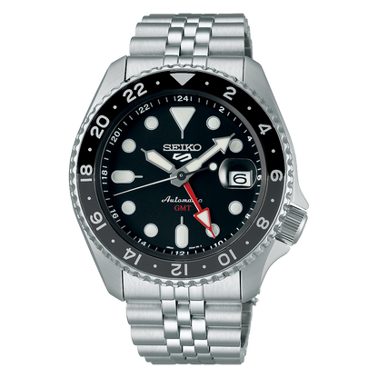 Seiko 5 Sports Automatic GMT Black Dial Silver Steel Strap Watch For Men - SSK001K1