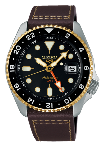 Seiko 5 Sports SKX GMT Automatic Mocha Black Dial Brown Leather Strap Watch For Men - SSK036K1