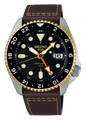 Seiko 5 Sports SKX GMT Automatic Mocha Black Dial Brown Leather Strap Watch For Men - SSK036K1