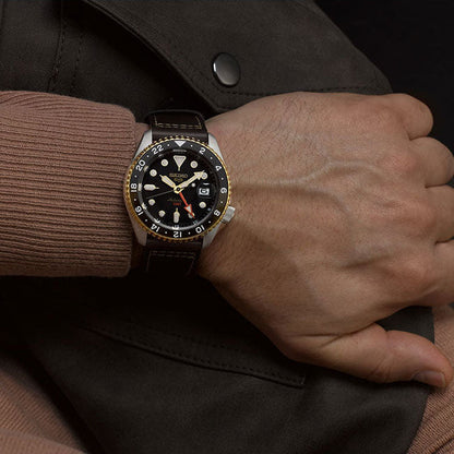 Seiko 5 Sports SKX GMT Automatic Mocha Black Dial Brown Leather Strap Watch For Men - SSK036K1