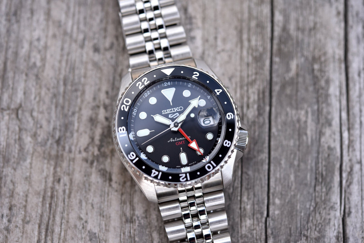 Seiko 5 Sports Automatic GMT Black Dial Silver Steel Strap Watch For Men - SSK001K1
