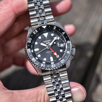 Seiko 5 Sports Automatic GMT Black Dial Silver Steel Strap Watch For Men - SSK001K1