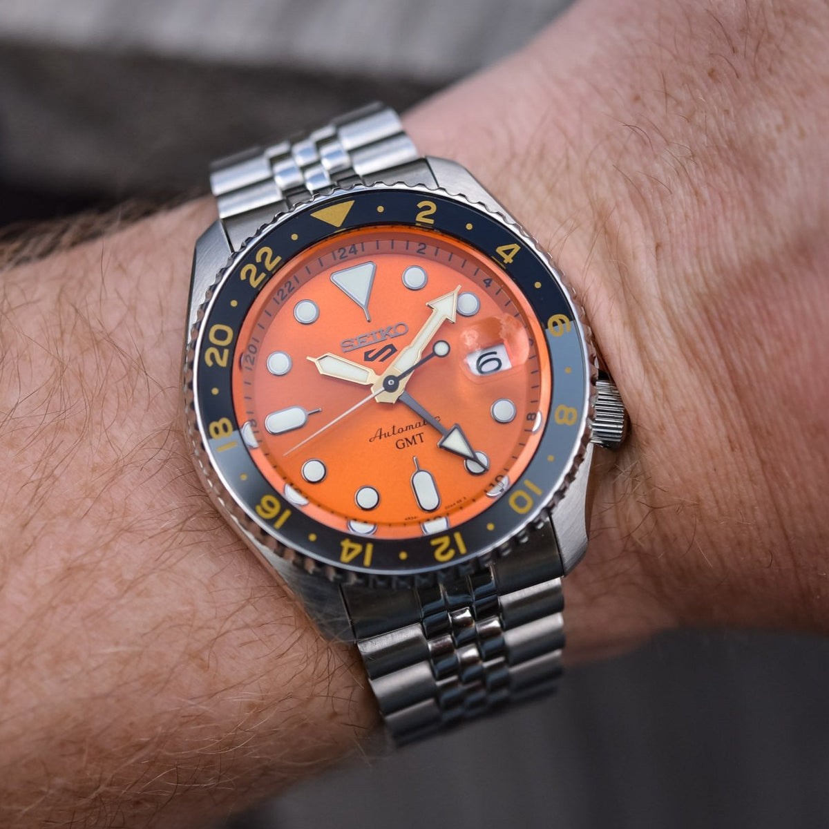 Seiko 5 Sports GMT Automatic Orange Dial Silver Steel Strap Watch For Men - SSK005K1