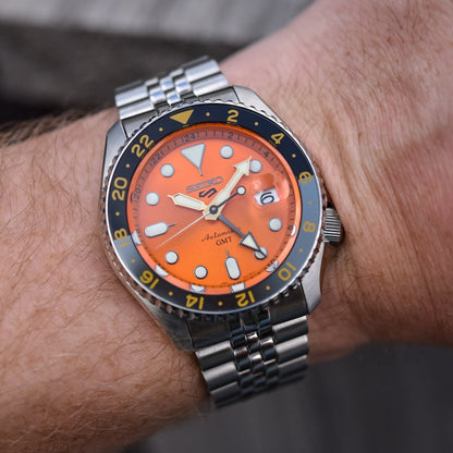 Seiko 5 Sports GMT Automatic Orange Dial Silver Steel Strap Watch For Men - SSK005K1