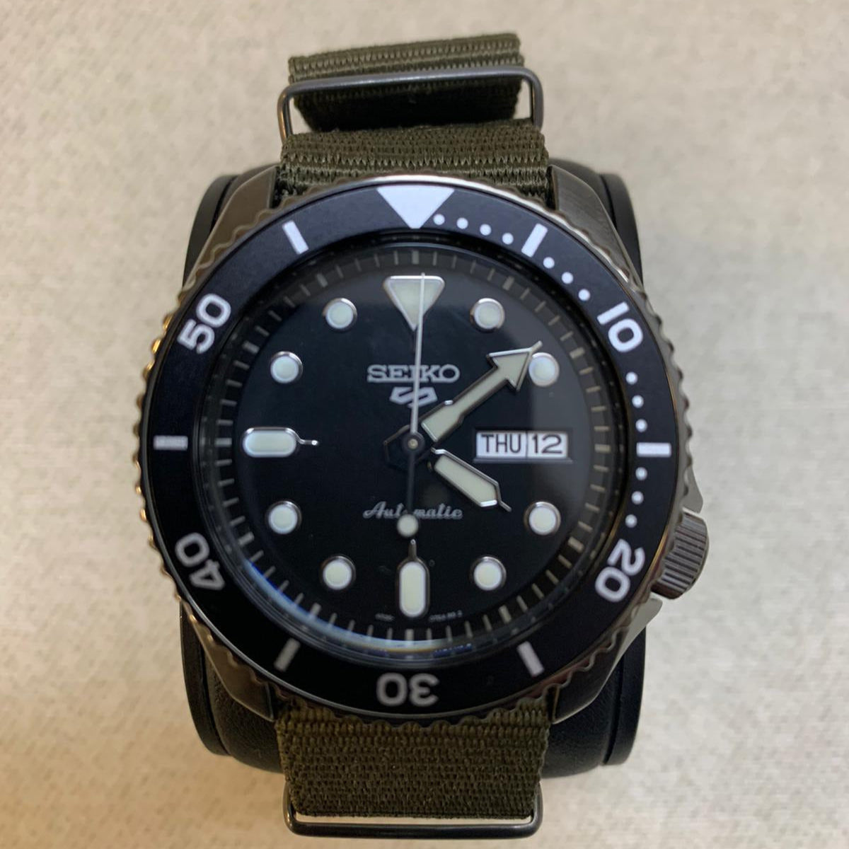 Seiko 5 Sport Automatic Black Dial Green Nylon Strap Watch For Men - SRPD65K4