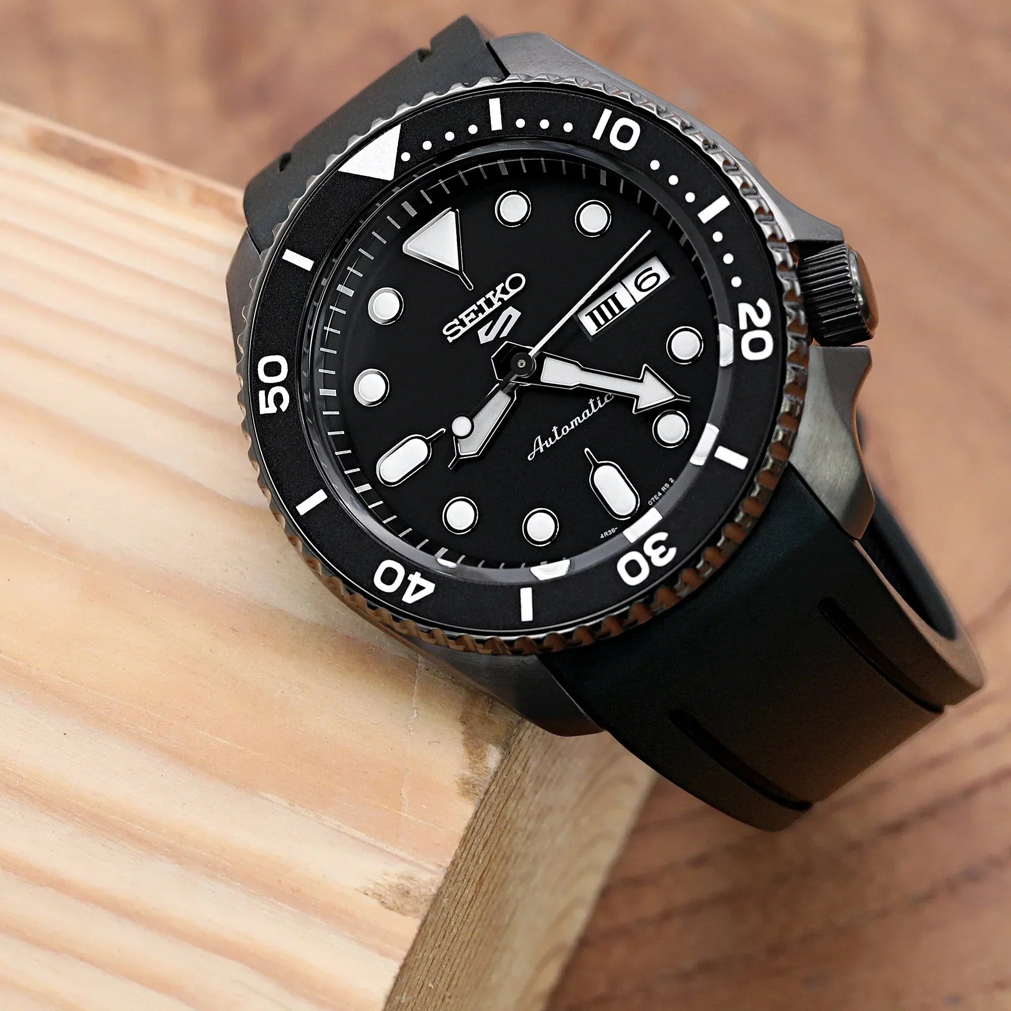 Seiko 5 Sport Automatic Black Dial Black Silicone Strap Watch For Men - SRPD65K3