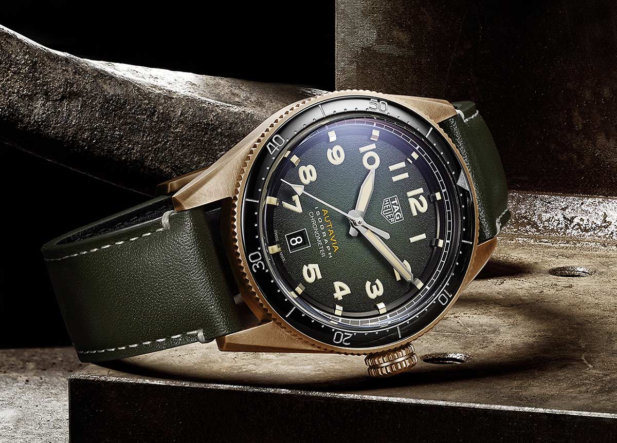 Tag Heuer Autavia Calibre 5 Automatic Olive Green Dial Green Leather Strap Watch for Men - WBE5190.FC8268