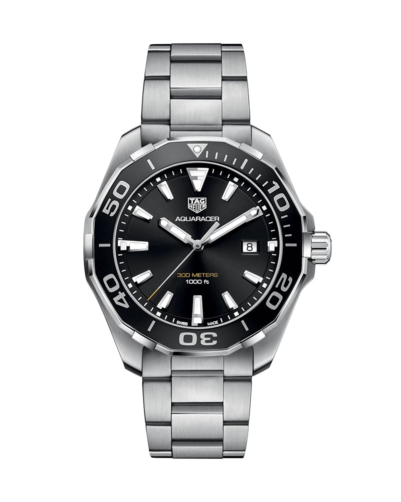 Tag Heuer Aquaracer Quartz Black Dial Silver Steel Strap Watch for Men - WAY101A.BA0746