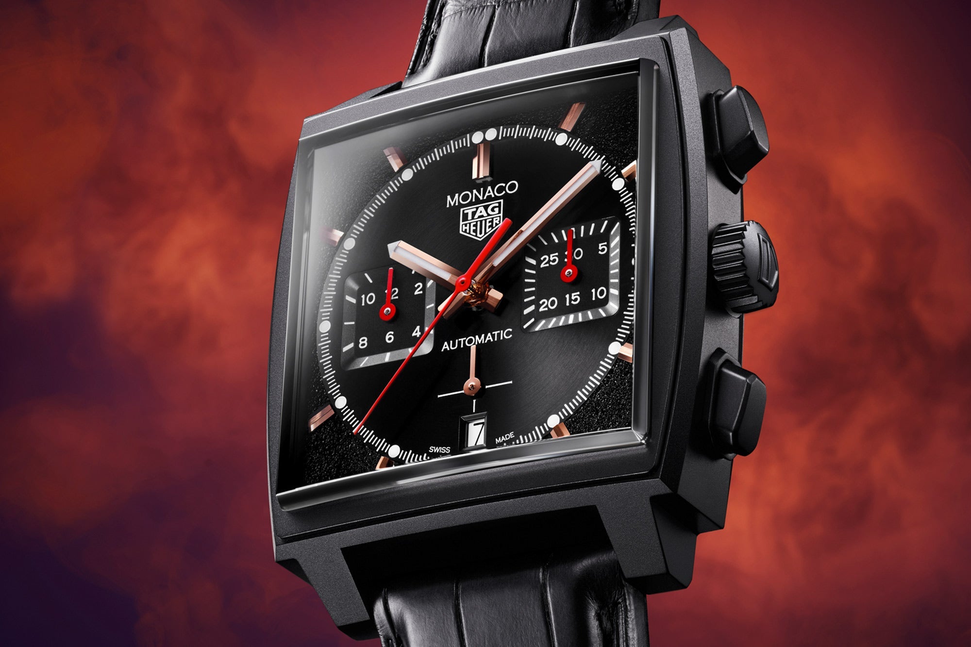 Tag Heuer Monaco Automatic Chronograph Black Dial Black Leather Strap Watch for Men - CBL2180.FC6497