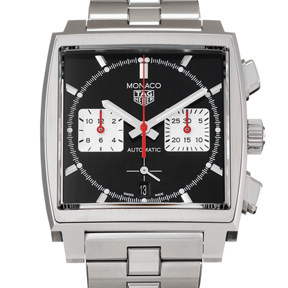 Tag Heuer Monaco Automatic Chronograph Black Dial Silver Steel Strap Watch for Men - CBL2113.BA0644