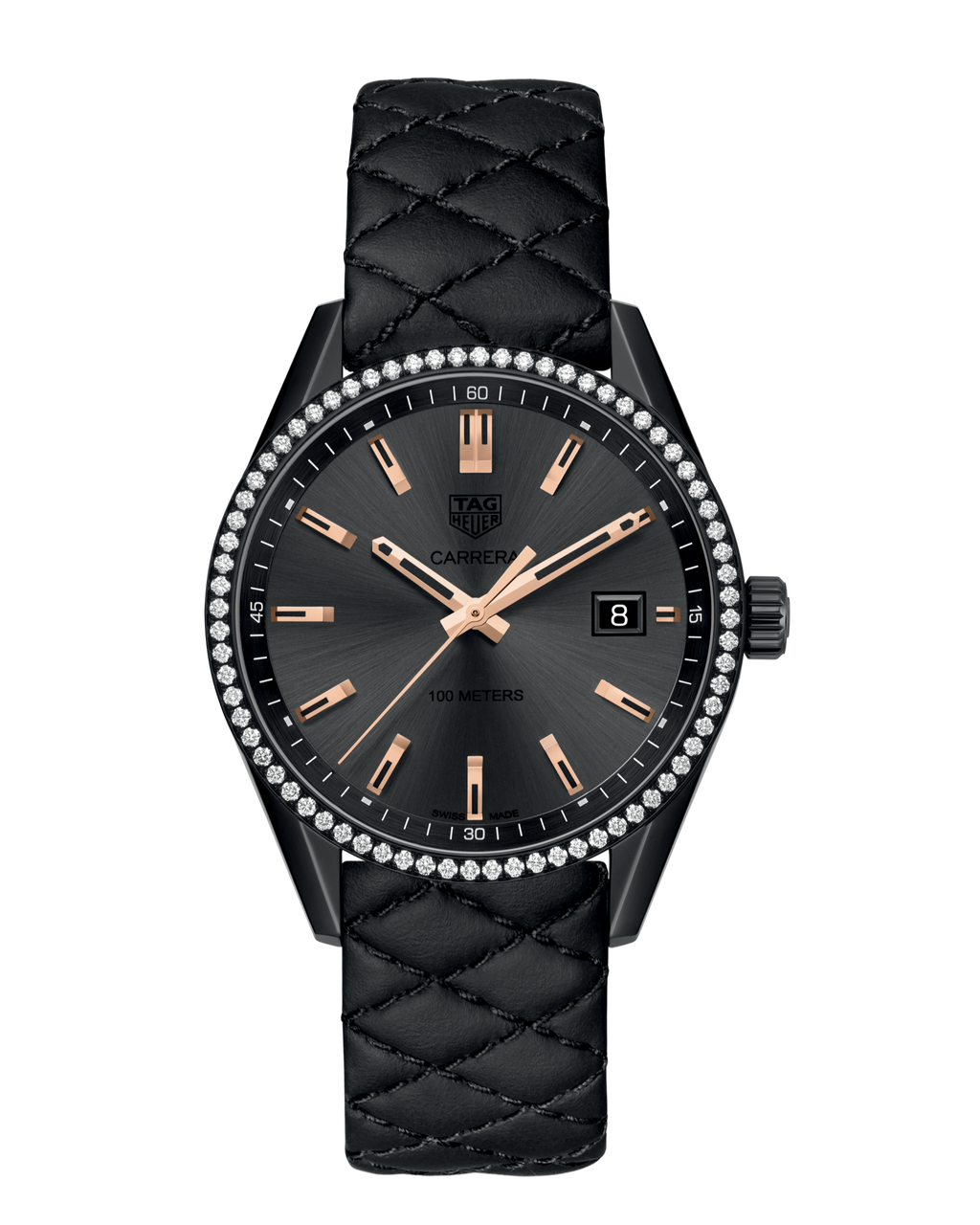Tag Heuer Carrera Diamonds Anthracite Black Dial Black Leather Strap Watch for Women - WAR1115.FC6392