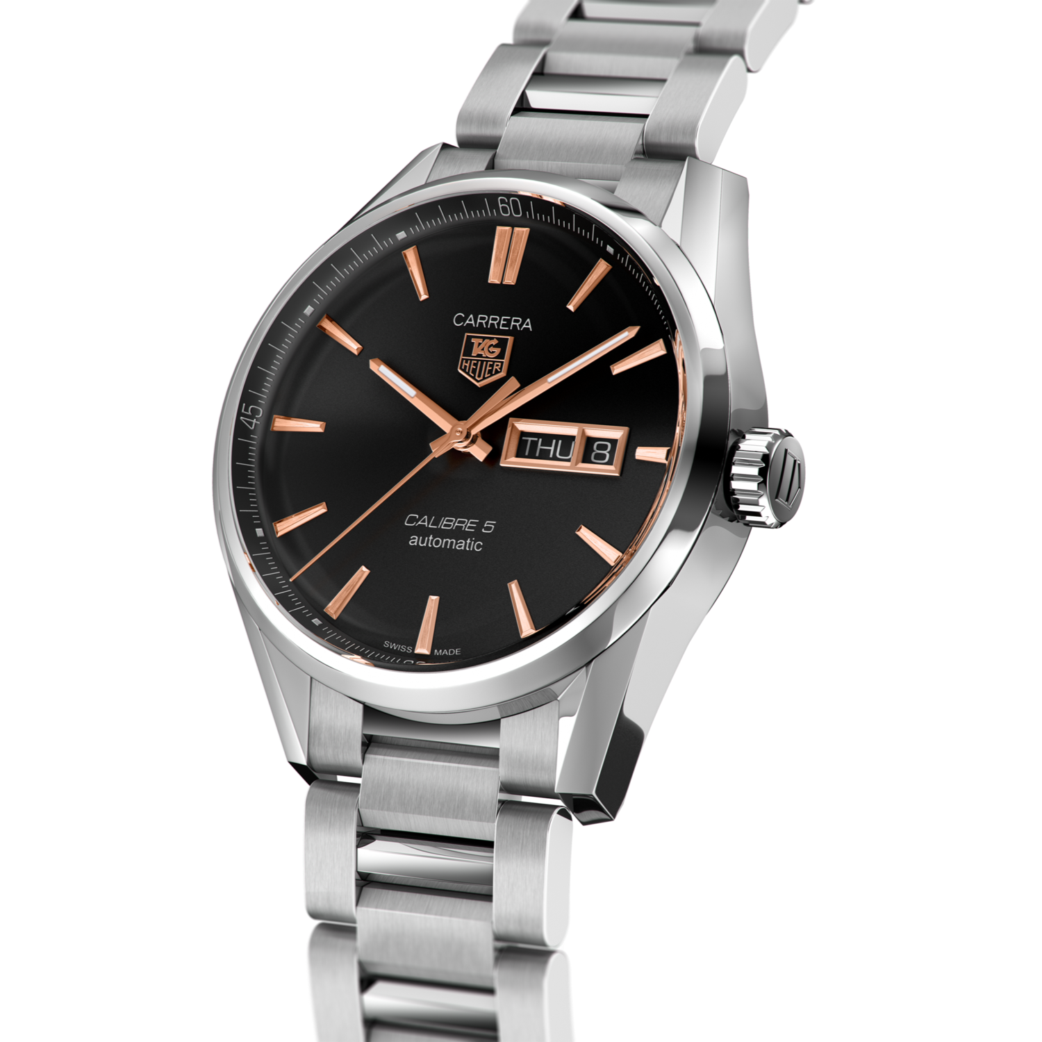 Tag Heuer Carrera Calibre 5 Automatic Black Dial Silver Steel Strap Watch for Men - WAR201C.BA0723