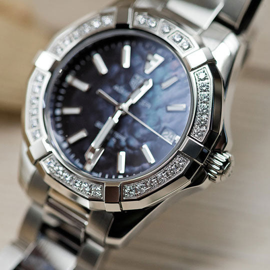Tag Heuer Aquaracer Quartz Diamonds Black Dial Silver Steel Strap Watch for Women - WAY131P.BA0748