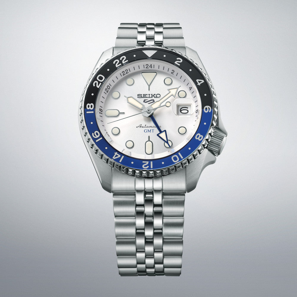 Seiko 5 Sports SKX GMT Automatic Sky Blue Dial Silver Steel Strap Watch For Men - SSK033K1