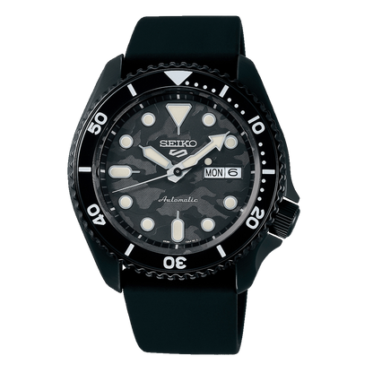 Seiko 5 Sport Automatic Black Dial Black Silicone Strap Watch For Men - SRPD65K3