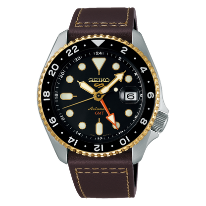 Seiko 5 Sports SKX GMT Automatic Mocha Black Dial Brown Leather Strap Watch For Men - SSK036K1