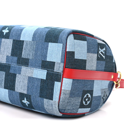 Denim Damier Monogram Patchwork Speedy Bandouliere 30 Blue Rouge