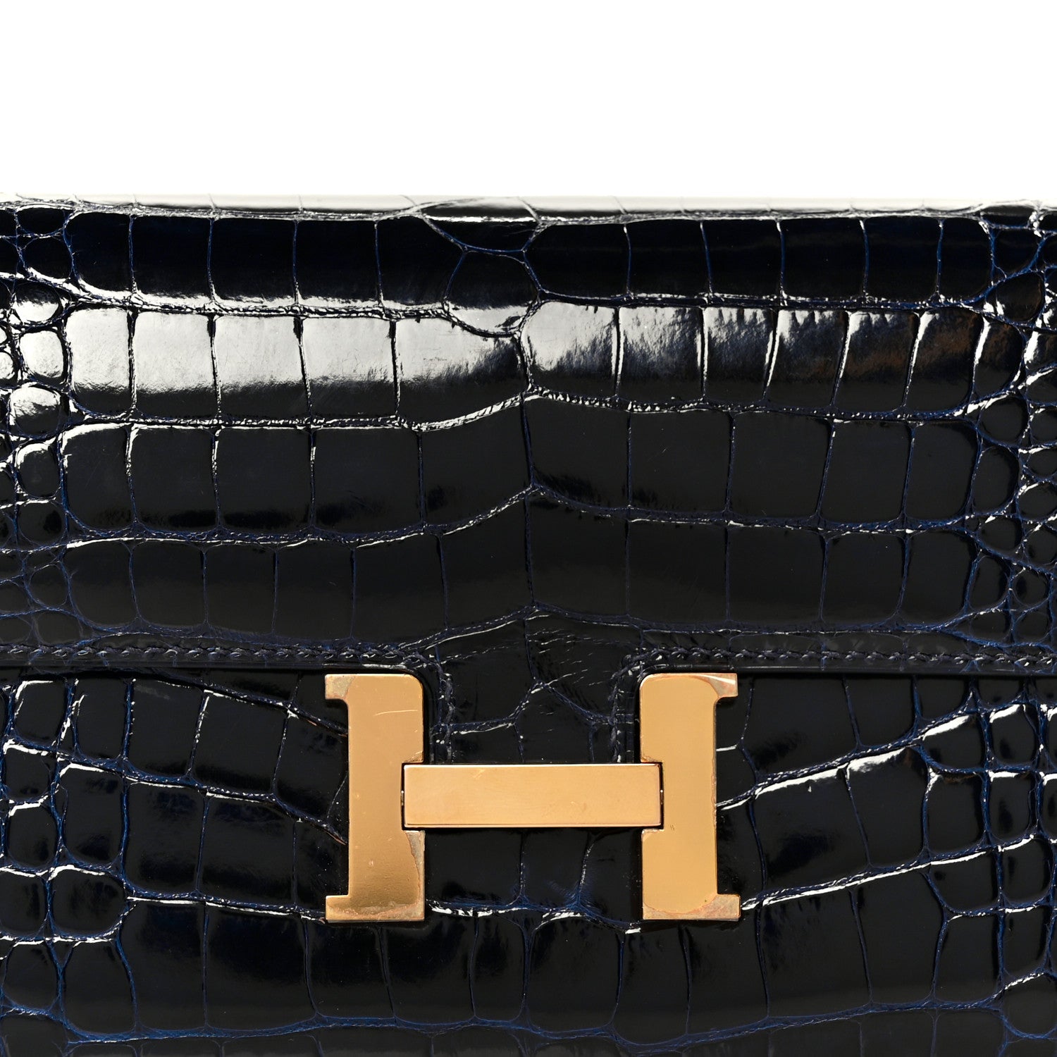 Shiny Alligator Constance Long Wallet Bleu Marine Cuivre