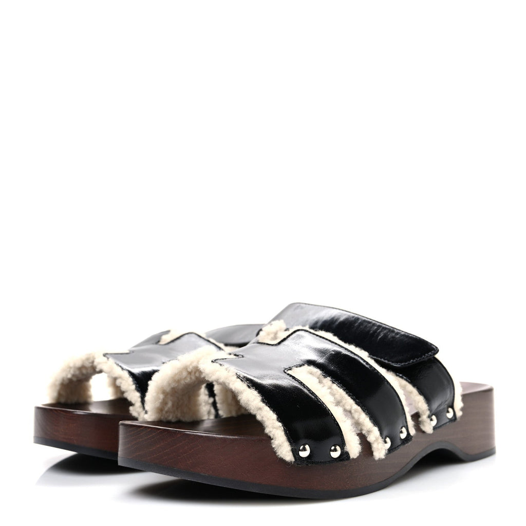 Glazed Nappa Shearling Womens Kos Clog 40 Black Ecru