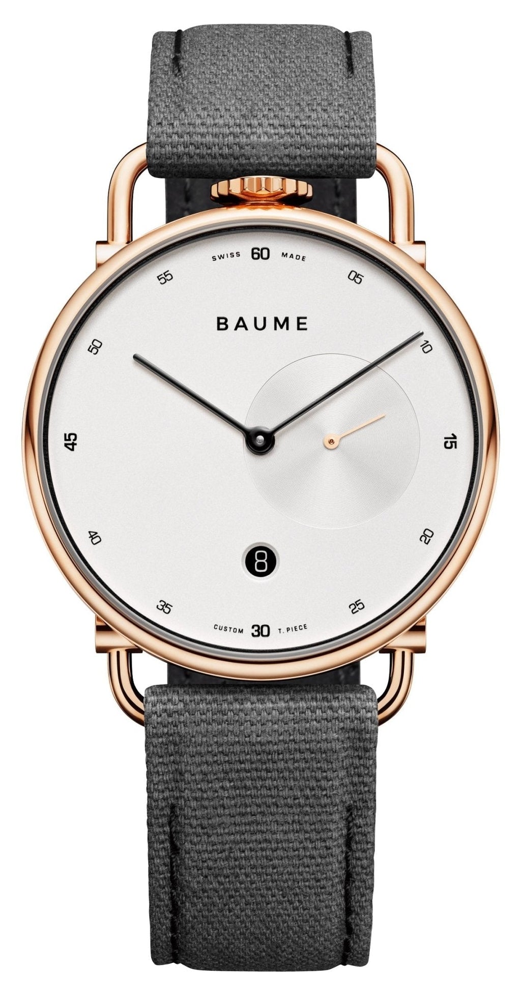 Baume & Mercier Baume Rose Gold PVD Silver Dial Gray Cotton Strap Date Quartz Mens Watch M0A10600
