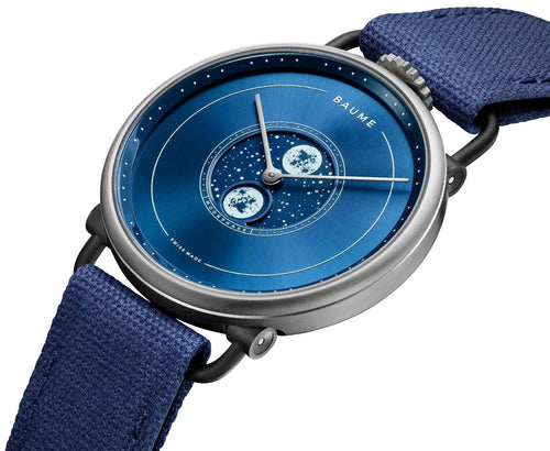 Baume & Mercier Baume Stainless Steel Blue Dial Blue Cotton Strap Moonphase Quartz Mens Watch M0A10637