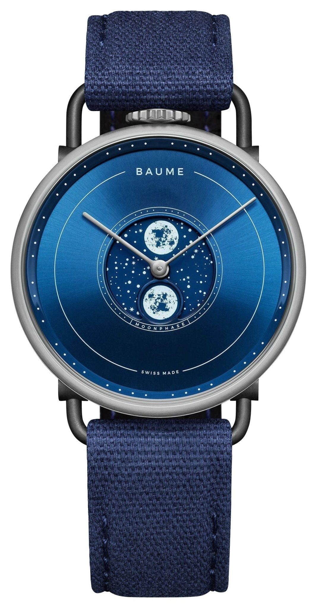 Baume & Mercier Baume Stainless Steel Blue Dial Blue Cotton Strap Moonphase Quartz Mens Watch M0A10637