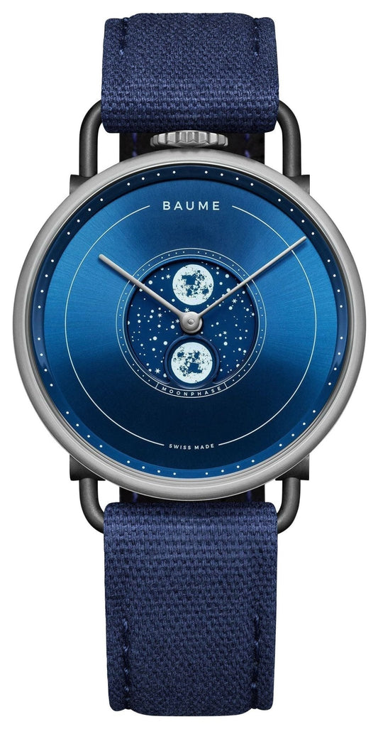 Baume & Mercier Baume Stainless Steel Blue Dial Blue Cotton Strap Moonphase Quartz Mens Watch M0A10637