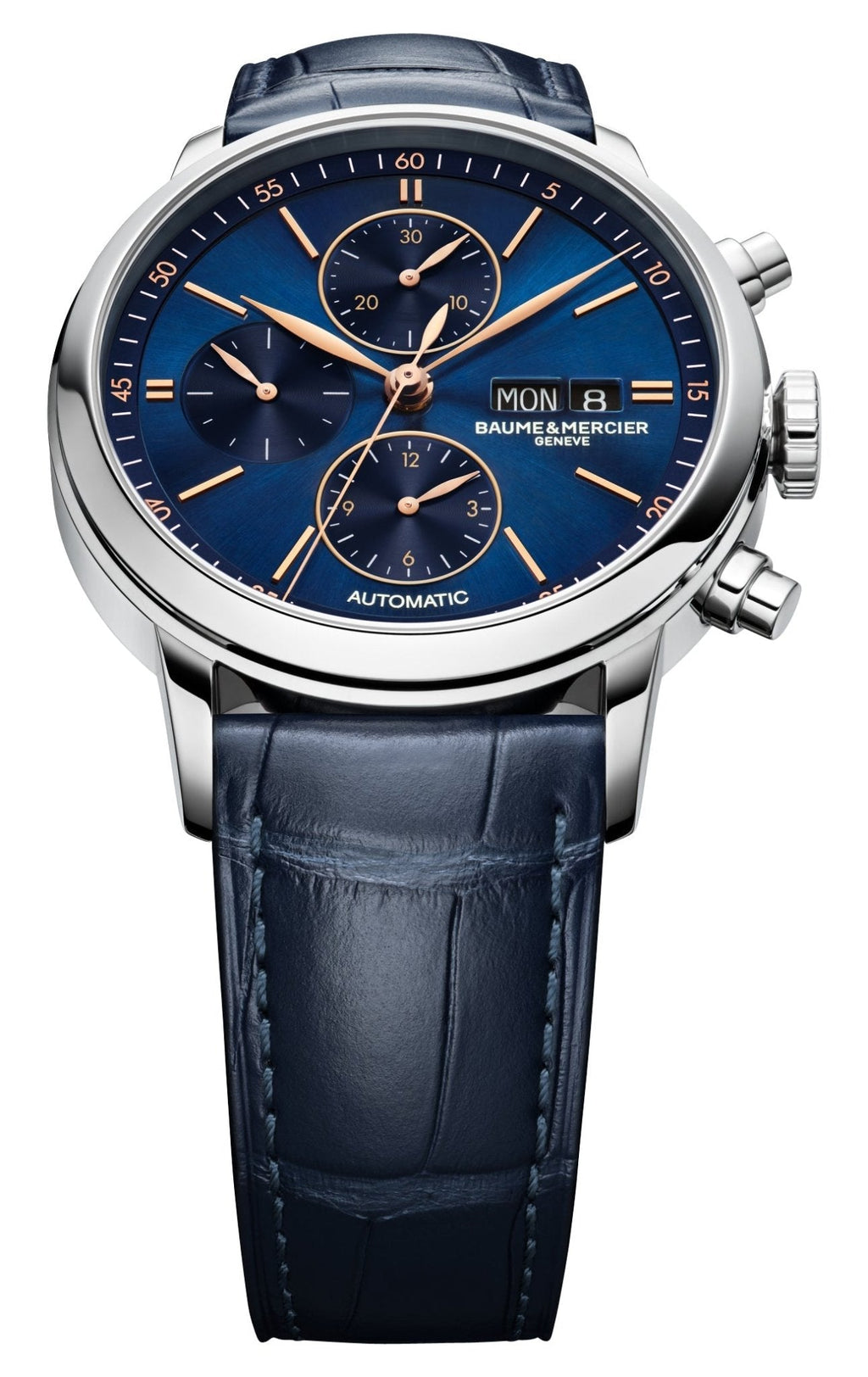 Baume & Mercier Classima Automatic Chronograph Stainless Steel Blue Dial Blue Leather Strap Day/Date Mens Watch M0A10784