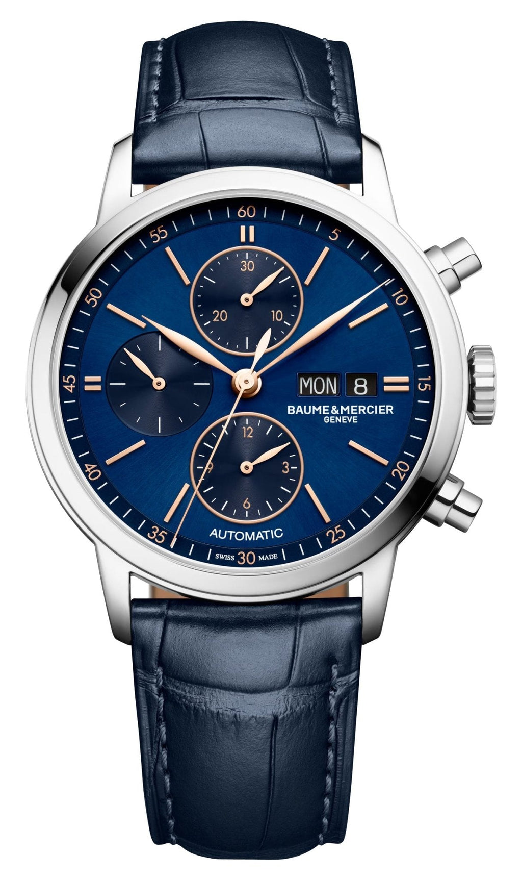 Baume & Mercier Classima Automatic Chronograph Stainless Steel Blue Dial Blue Leather Strap Day/Date Mens Watch M0A10784