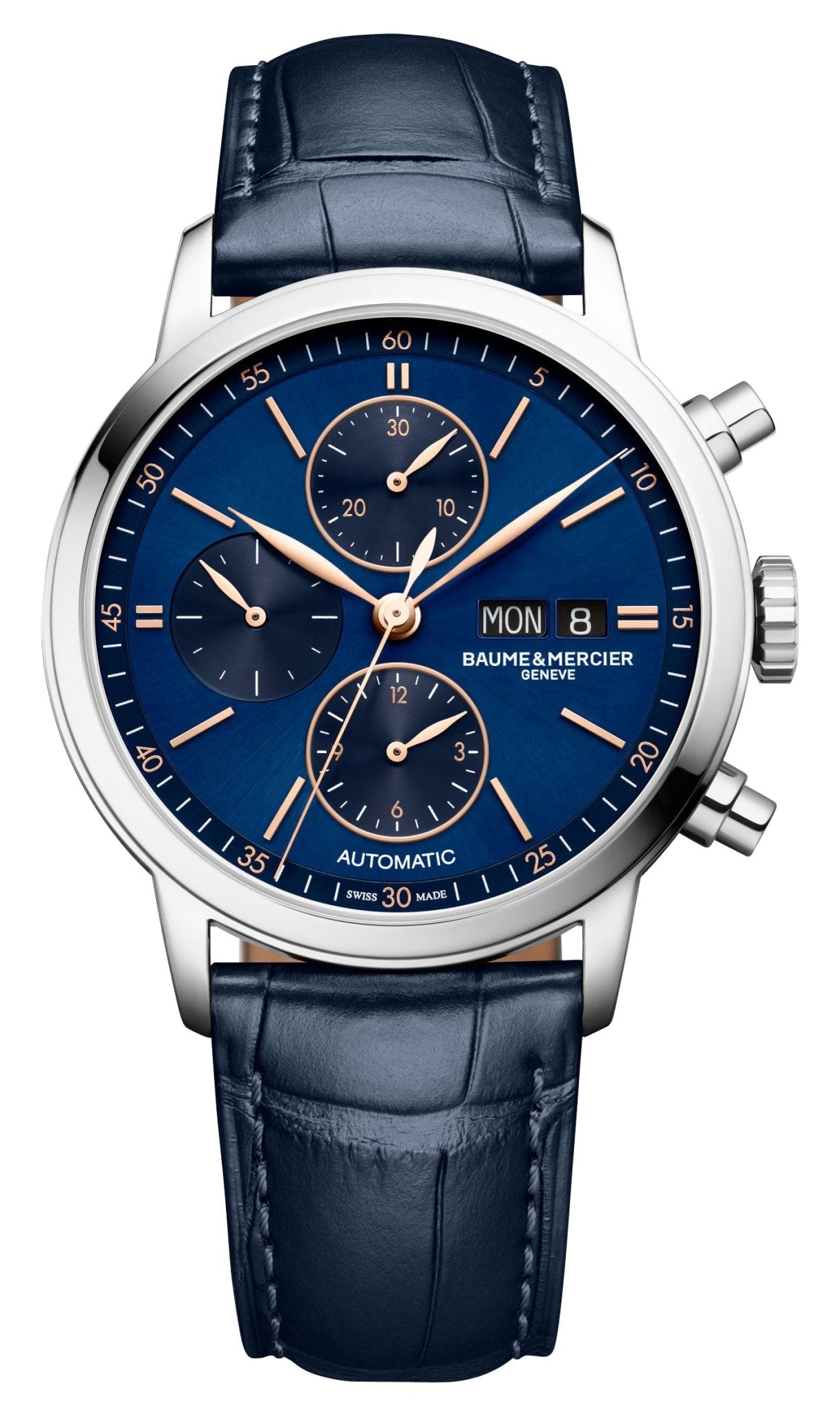 Baume & Mercier Classima Automatic Chronograph Stainless Steel Blue Dial Blue Leather Strap Day/Date Mens Watch M0A10784