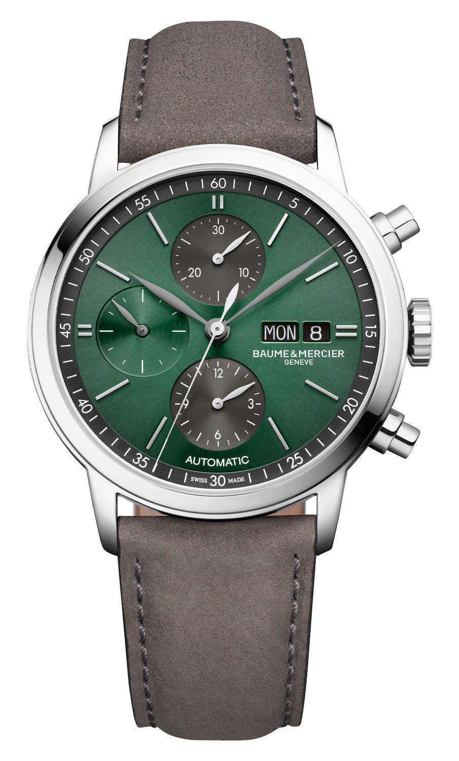 Baume & Mercier Classima Automatic Chronograph Stainless Steel Green Dial Gray Leather Strap Day/Date Mens Watch M0A10783