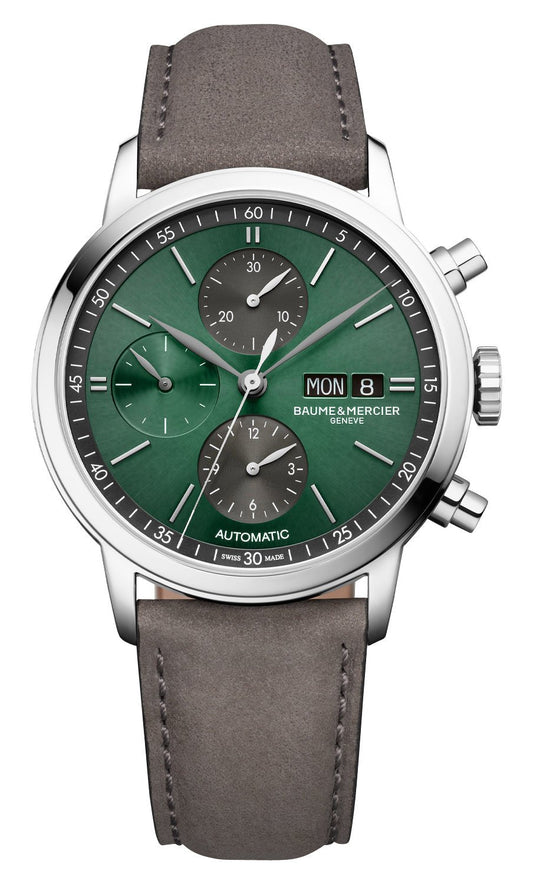 Baume & Mercier Classima Automatic Chronograph Stainless Steel Green Dial Gray Leather Strap Day/Date Mens Watch M0A10783