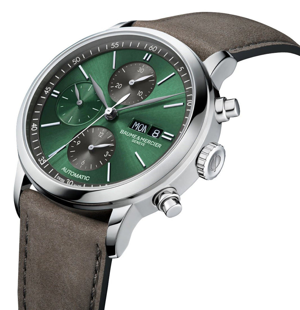 Baume & Mercier Classima Automatic Chronograph Stainless Steel Green Dial Gray Leather Strap Day/Date Mens Watch M0A10783
