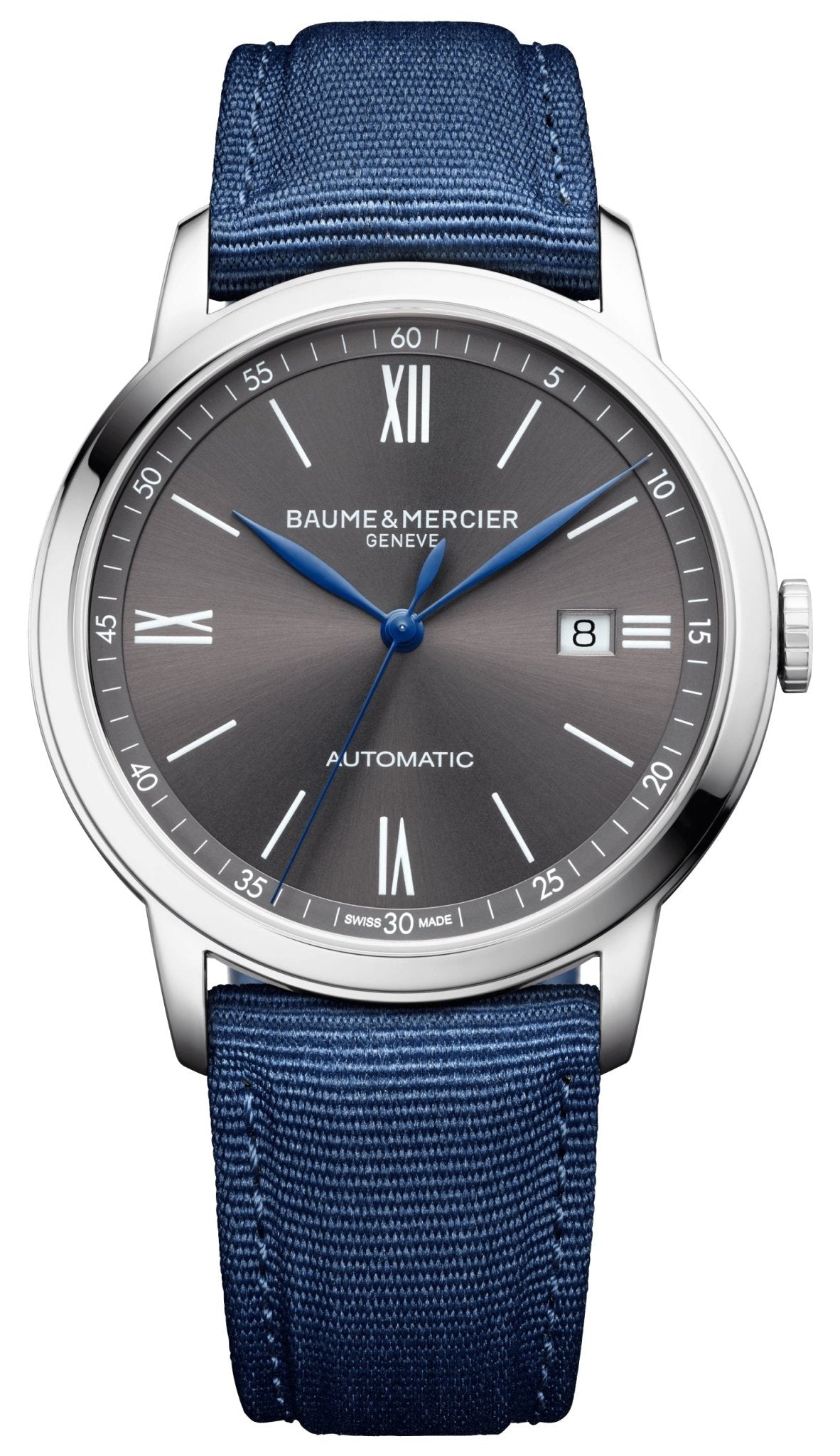 Baume & Mercier Classima Automatic Stainless Steel Gray Dial Blue Canvas Strap Date Mens Watch M0A10608