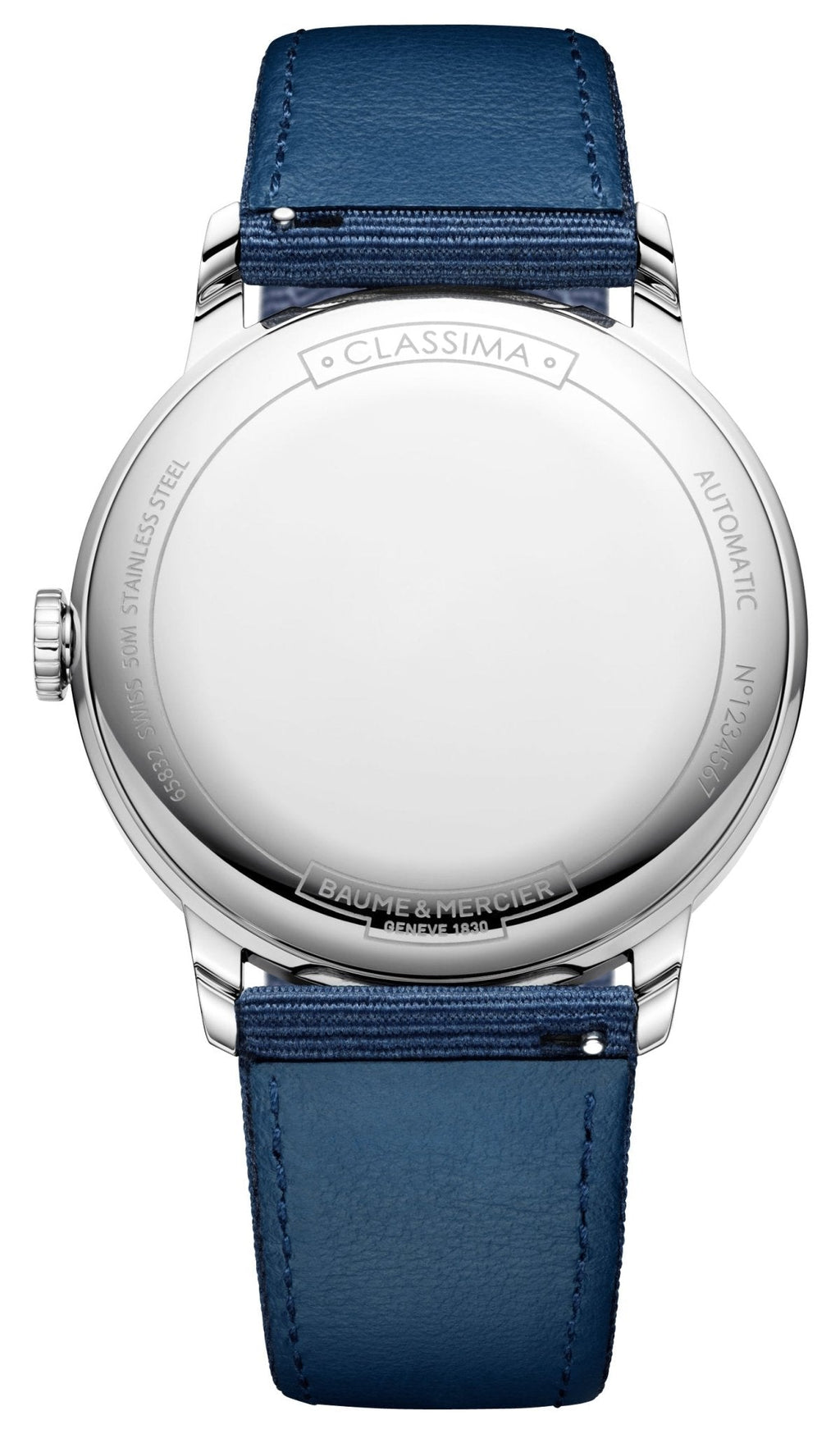 Baume & Mercier Classima Automatic Stainless Steel Gray Dial Blue Canvas Strap Date Mens Watch M0A10608