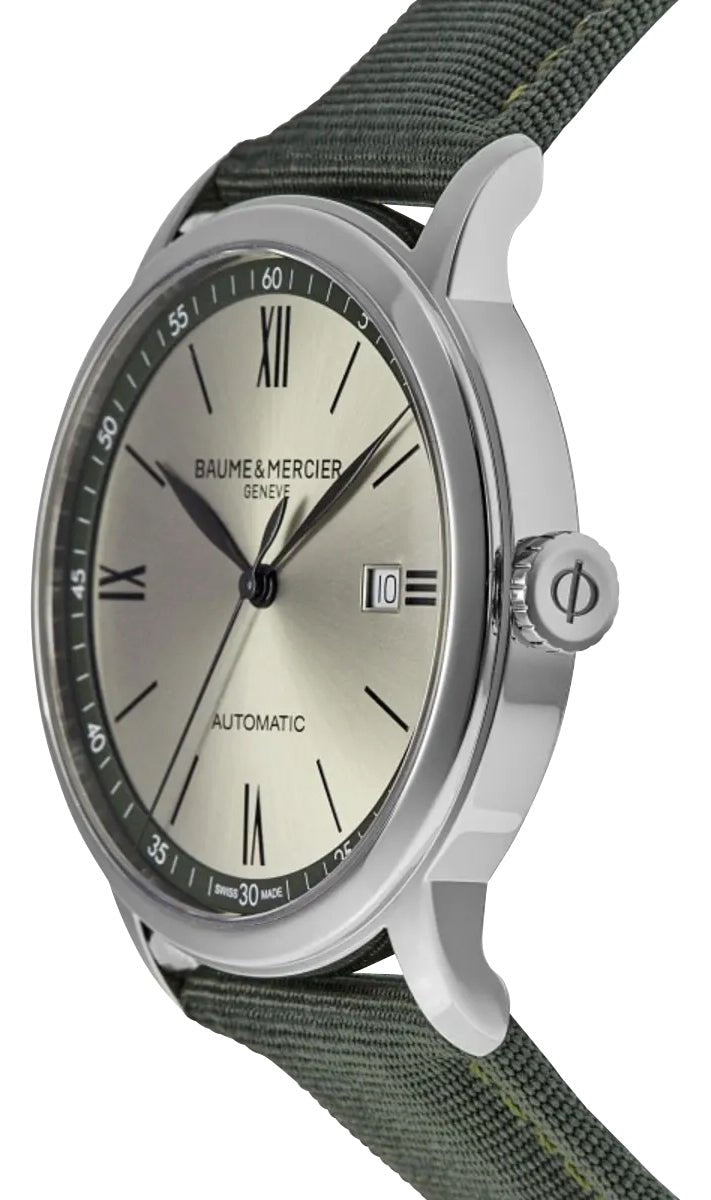 Baume & Mercier Classima Automatic Stainless Steel Gray Dial Green Textile Strap Date Mens Watch M0A10696