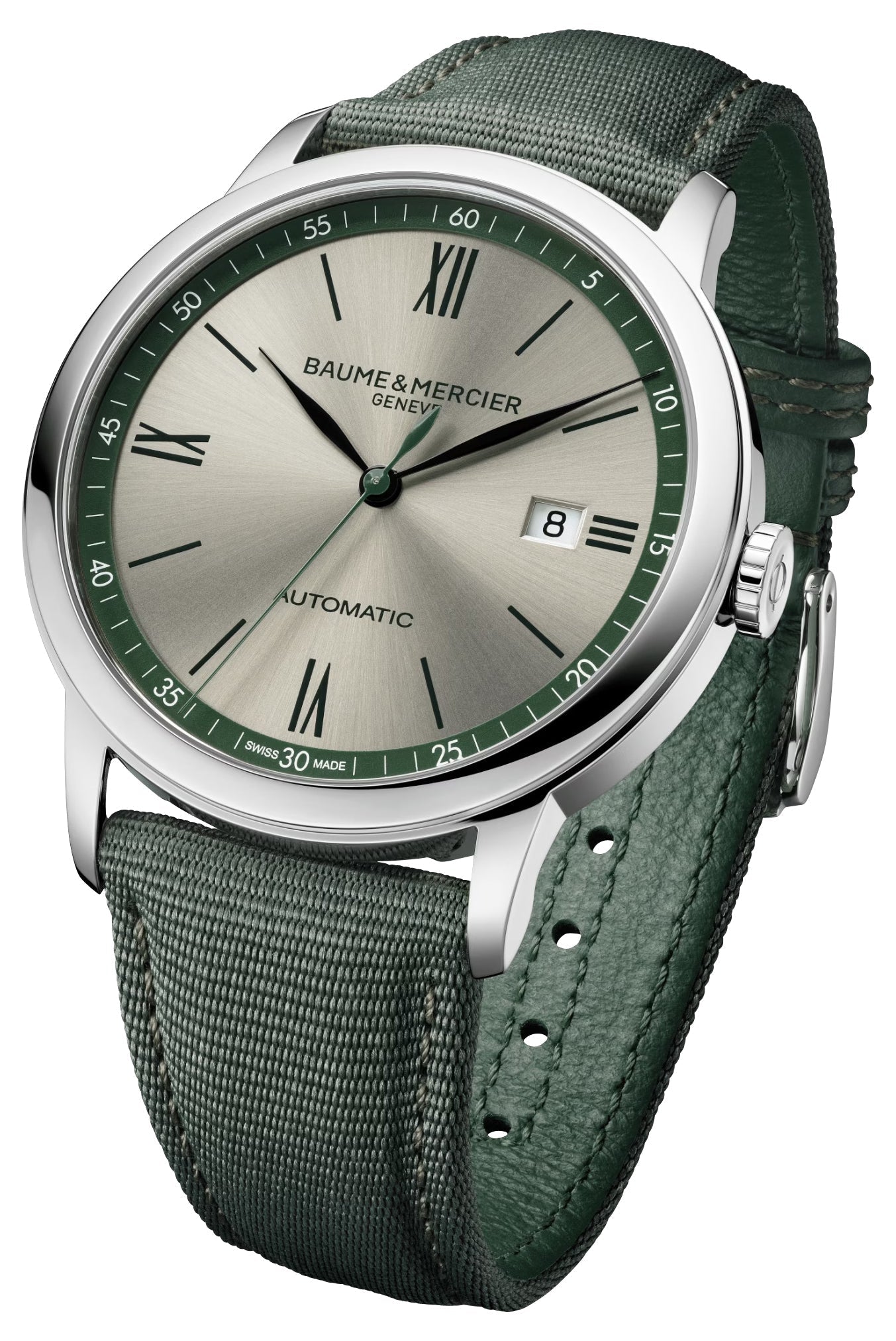 Baume & Mercier Classima Automatic Stainless Steel Gray Dial Green Textile Strap Date Mens Watch M0A10696