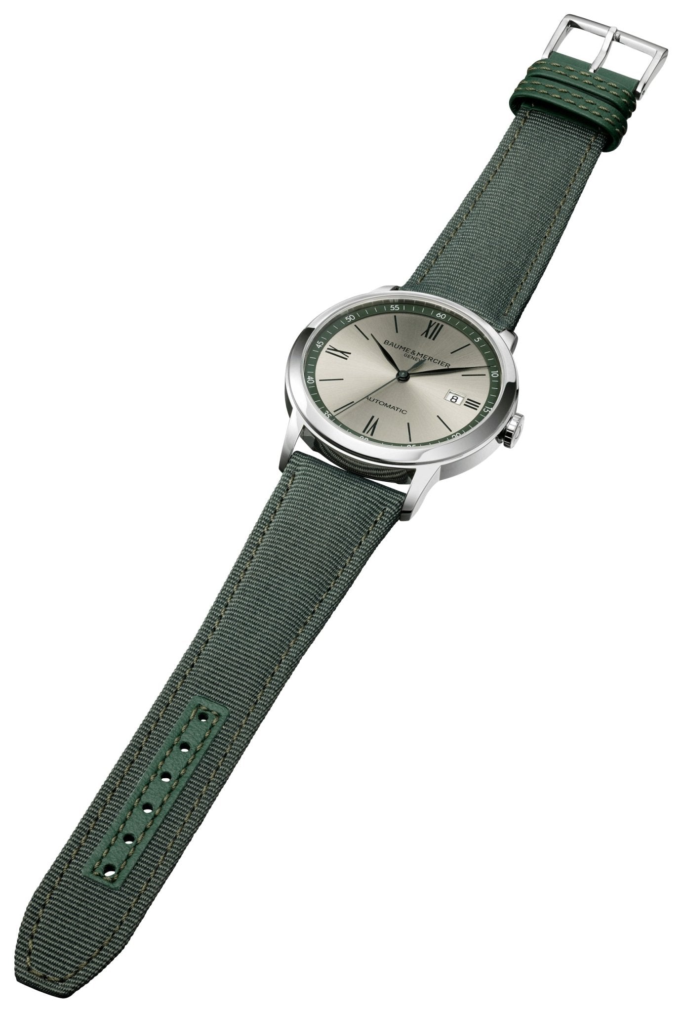 Baume & Mercier Classima Automatic Stainless Steel Gray Dial Green Textile Strap Date Mens Watch M0A10696
