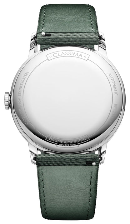 Baume & Mercier Classima Automatic Stainless Steel Gray Dial Green Textile Strap Date Mens Watch M0A10696