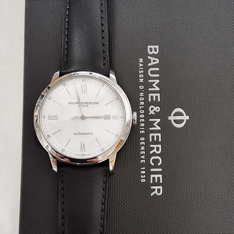 Baume & Mercier Classima Automatic White Dial Black Leather Strap Date Mens Watch MOA10332