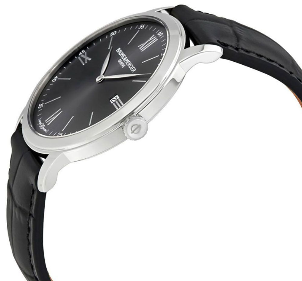 Baume & Mercier Classima Gray Dial Black Leather Strap Date Quartz Mens Watch MOA10416