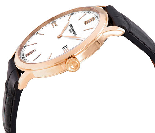 Baume & Mercier Classima Rose Gold PVD White Dial Black Leather Strap Date Quartz Mens Watch M0A10441