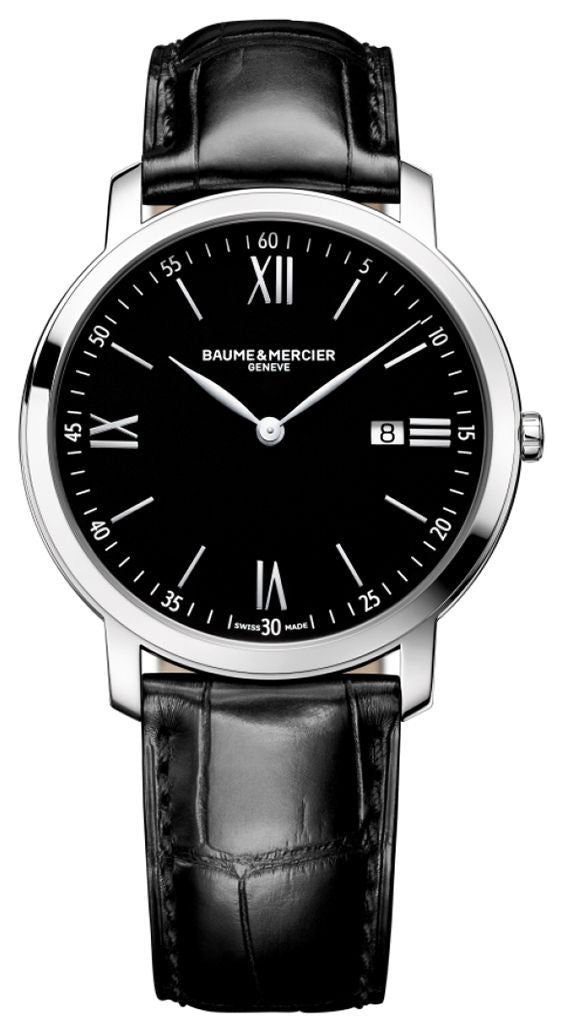 Baume & Mercier Classima Stainless Steel Black Dial Black Leather Strap Date Quartz Mens Watch MOA10098