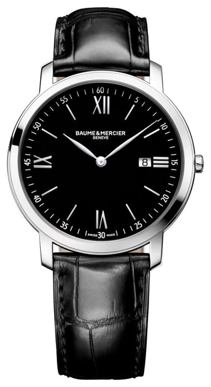 Baume & Mercier Classima Stainless Steel Black Dial Black Leather Strap Date Quartz Mens Watch MOA10098